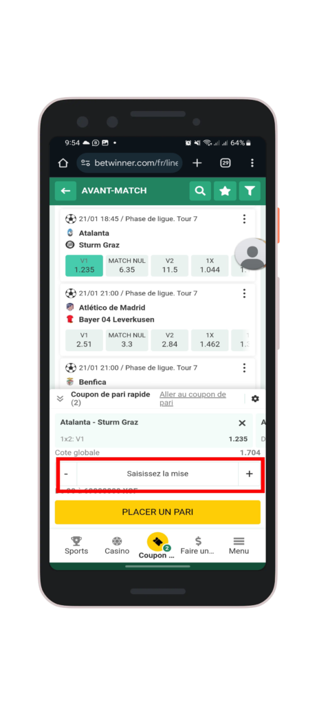 Inscrire le montant de mise et cliquez sur ‘’PLACER UN PARI’’.