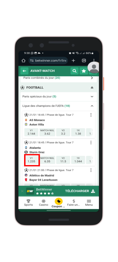 Choisir un événement sur les rencontres sur lesquelles vous voulez parier