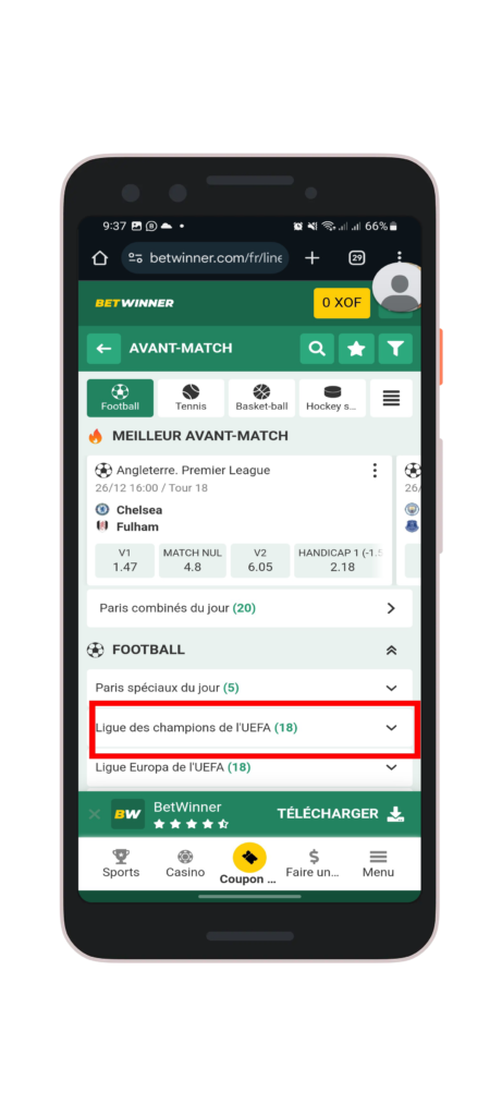 Choisir la compétition sur laquelle vous voulez parier