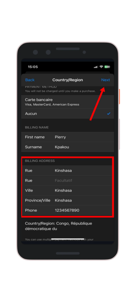 Remplir l'adresse de facturation et cliquez sur "suivant"