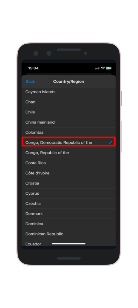 Choisissez "RDC" comme pays