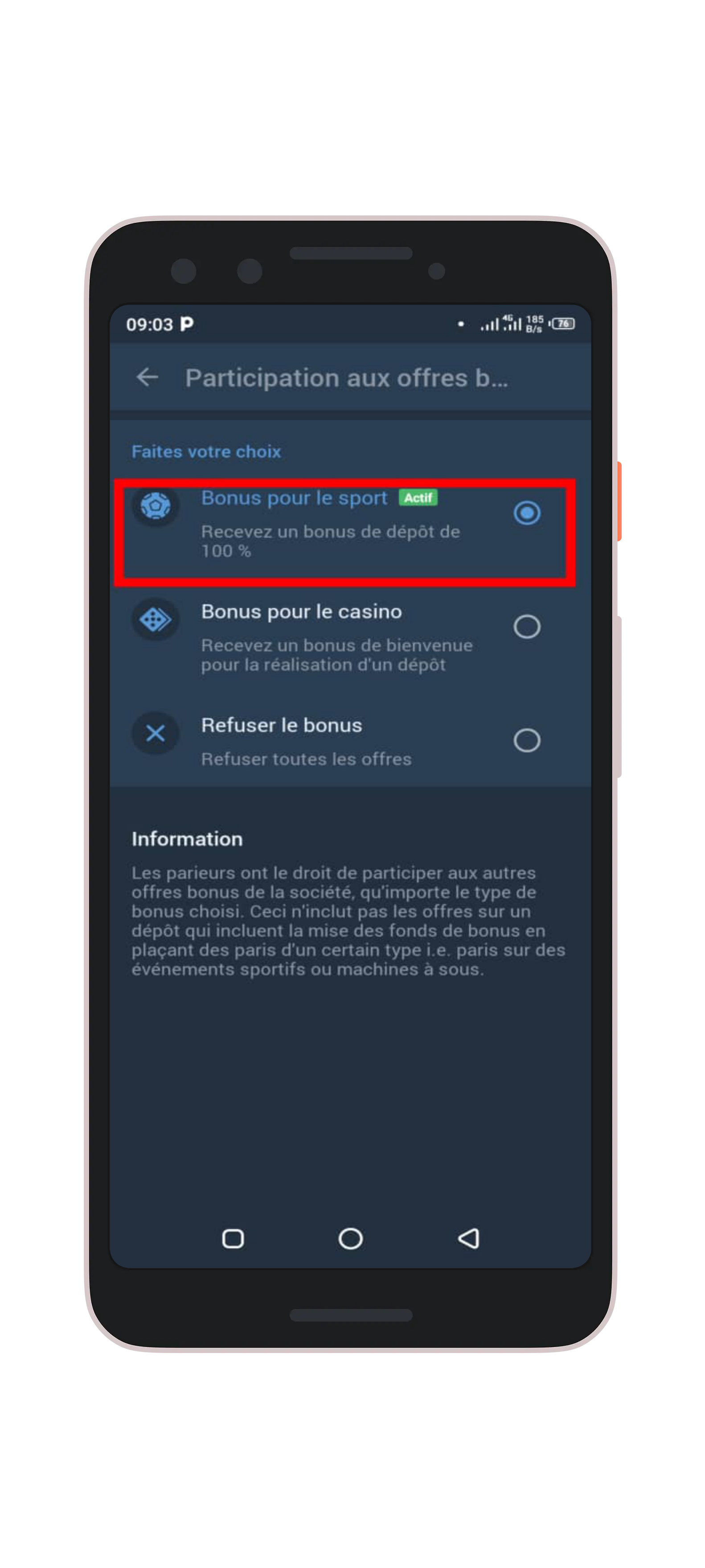 Cocher la case "Bonus du sport"