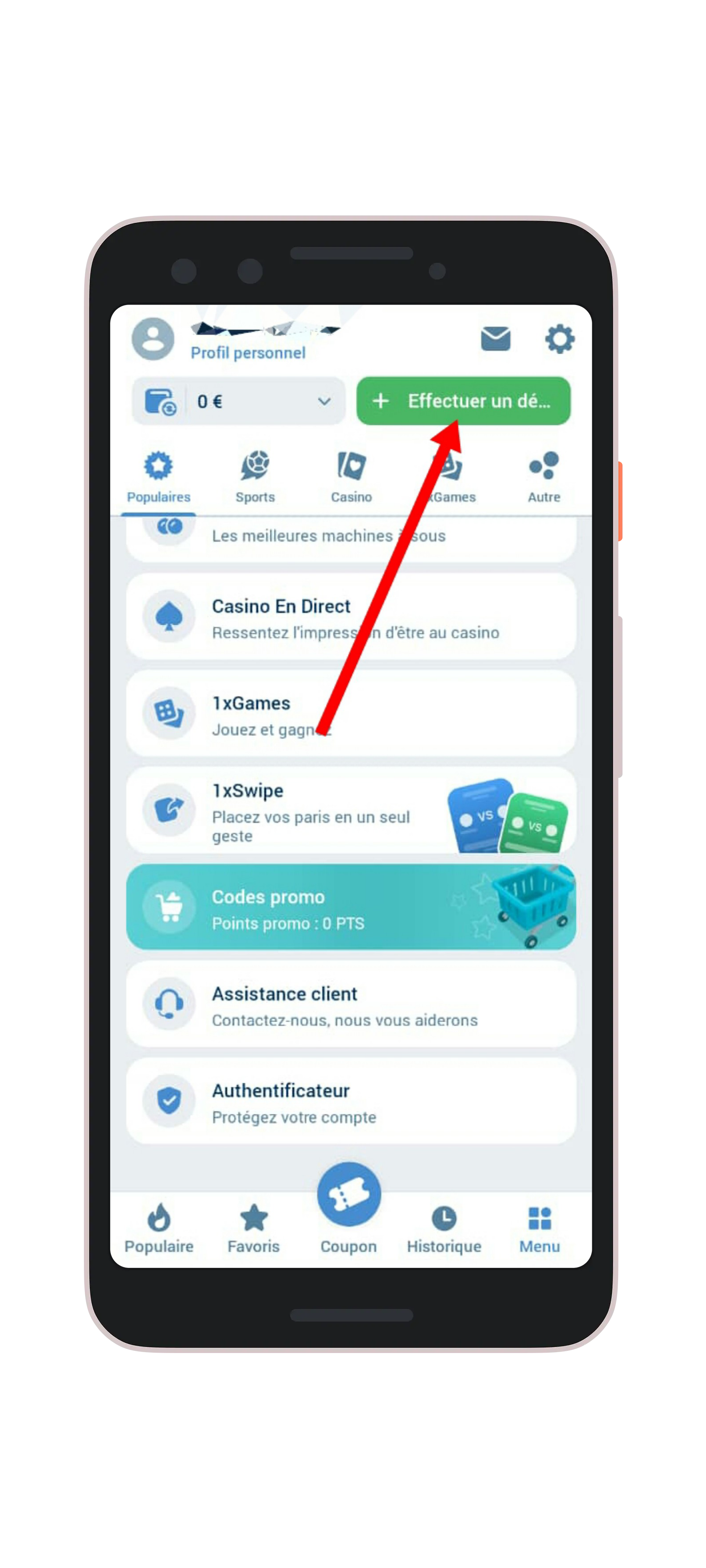 Cliquez sur le bouton "Effectuer un dépôt"