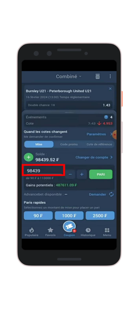 Renseignez le montant et "cliquez sur pari"
