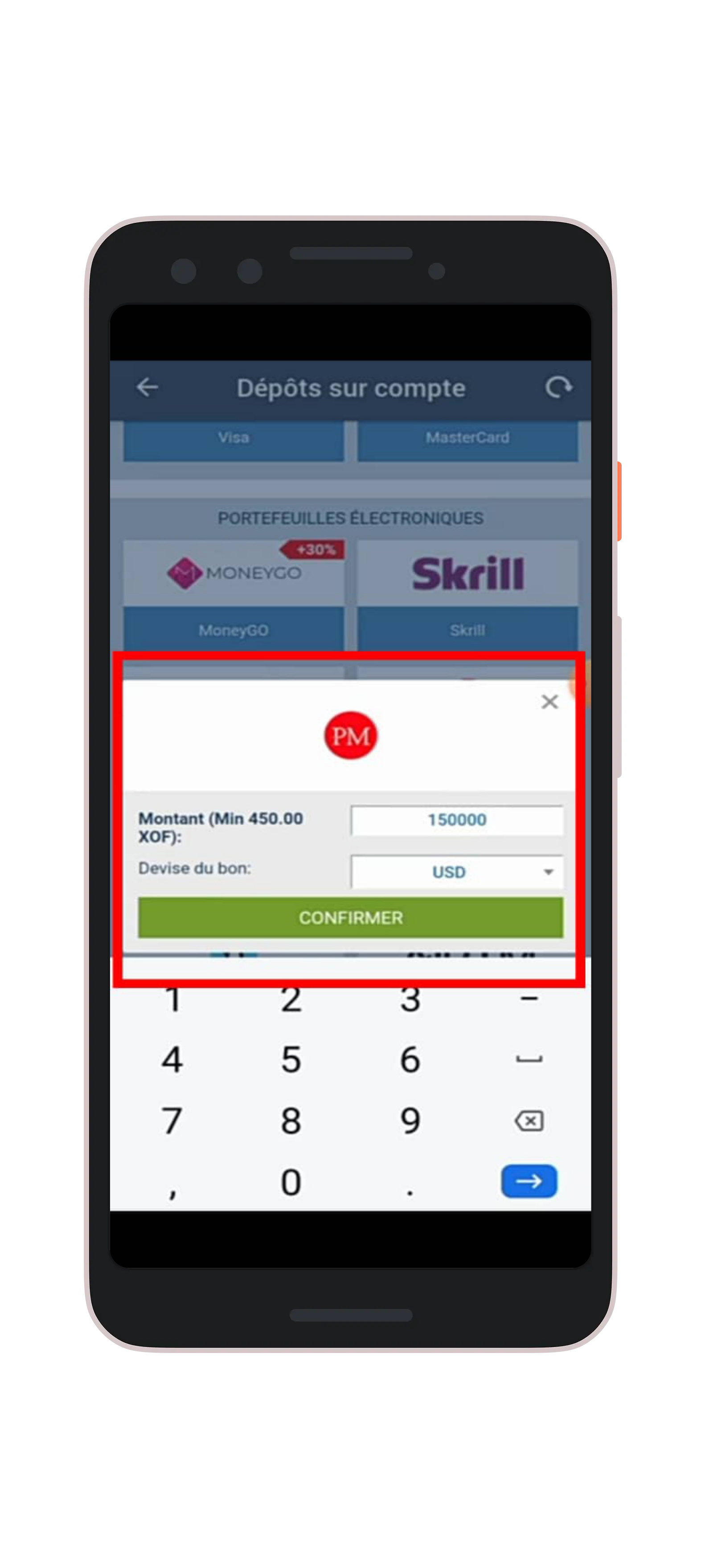 Renseignez les informations de dépôt et "cliquez sur Confirmer"