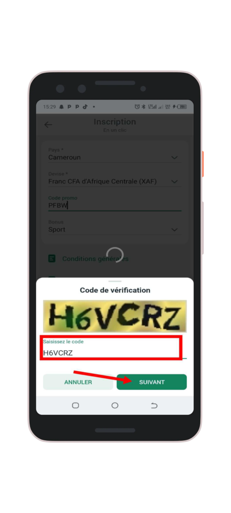 Entrez le code de vérification et cliquez sur "Suivant"
