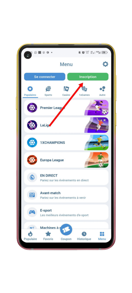 Cliquez sur le bouton “Inscription”
