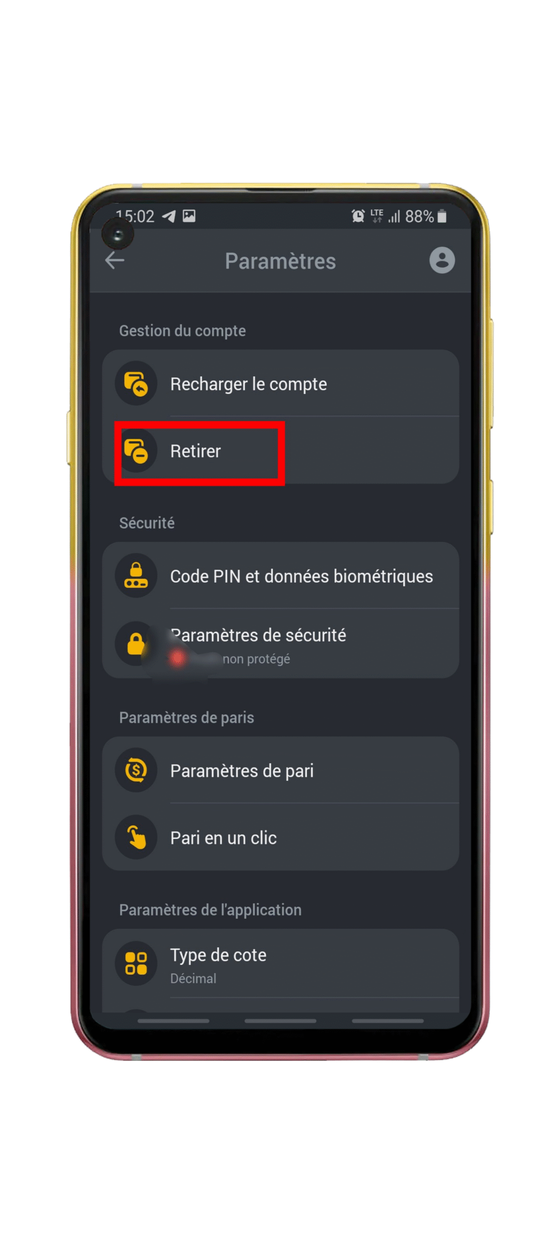 Cliquez sur Retrait