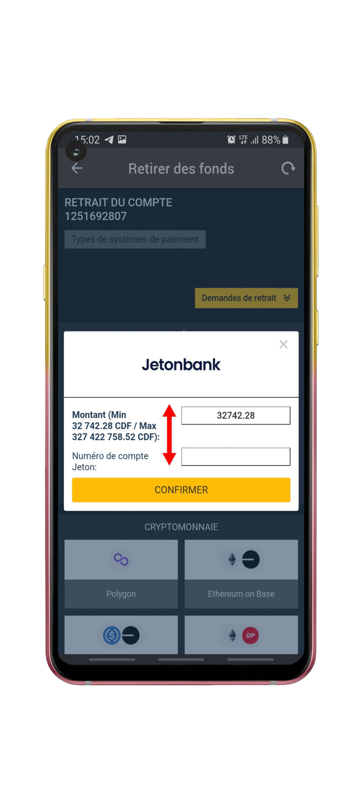 Entrez le montant à retirer et validez