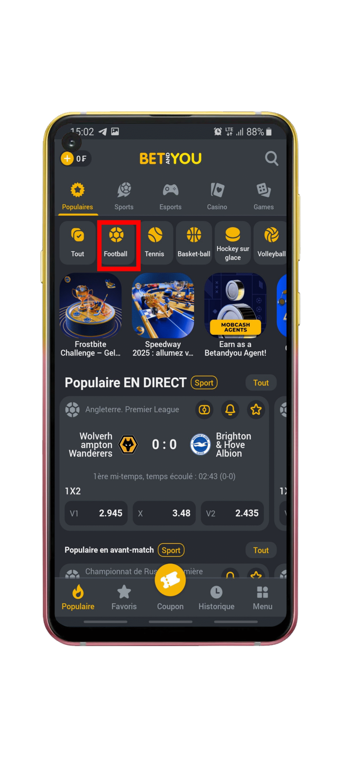 Choisissez un sport dans le menu