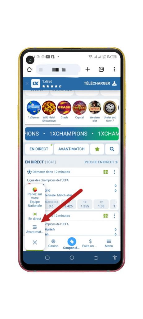 Sélectionnez l'option avant-match.