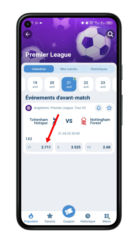 Sélectionner le type de pari et la cote
