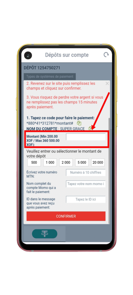 Saisissez le montant et Validez