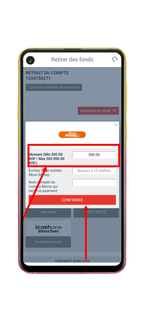 Saisissez le montant de votre retrait puis validez