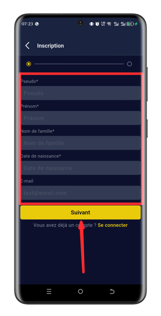 Renseigner vos informations et s'inscrire sur Betmomo
