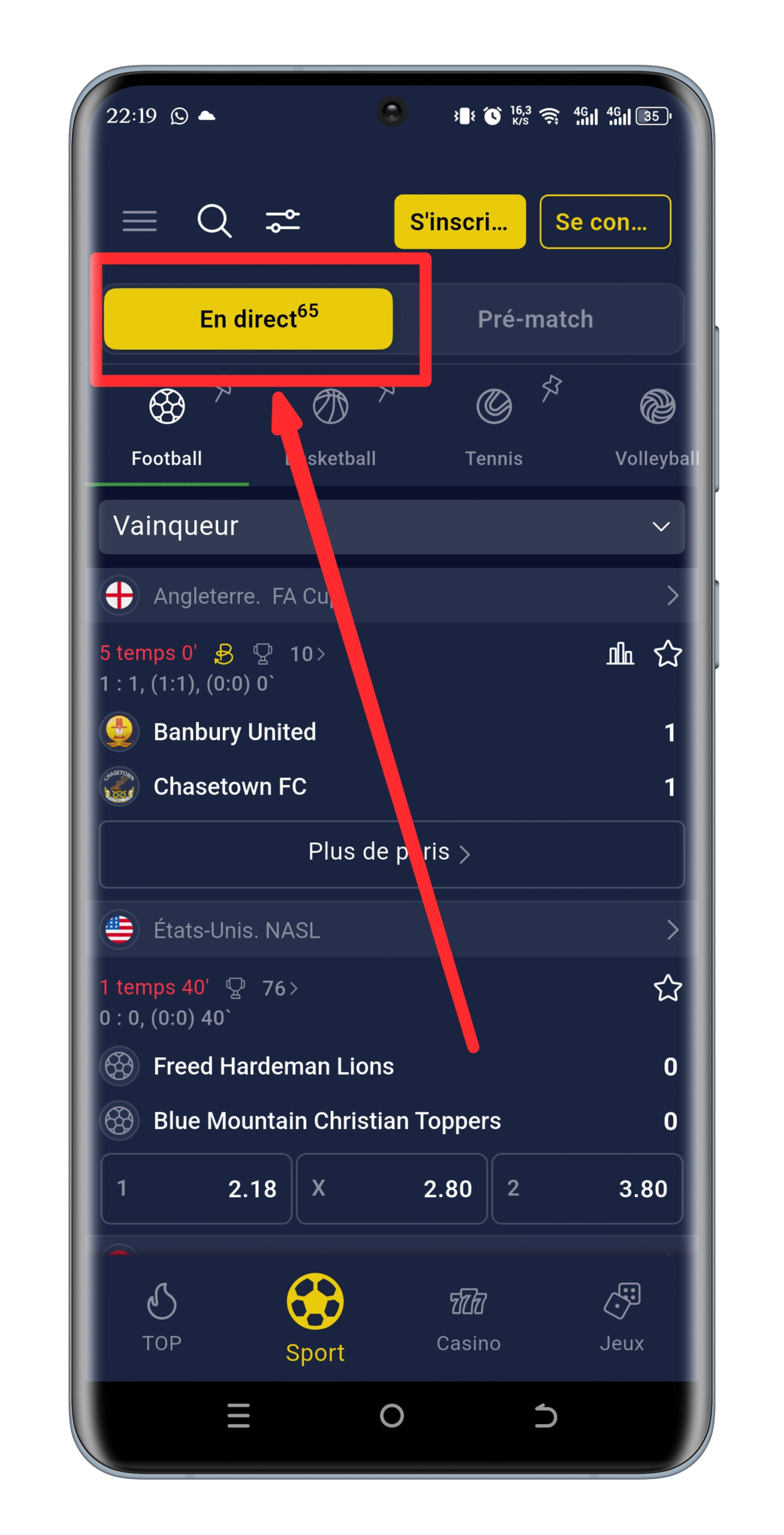 Accédez aux matchs en direct