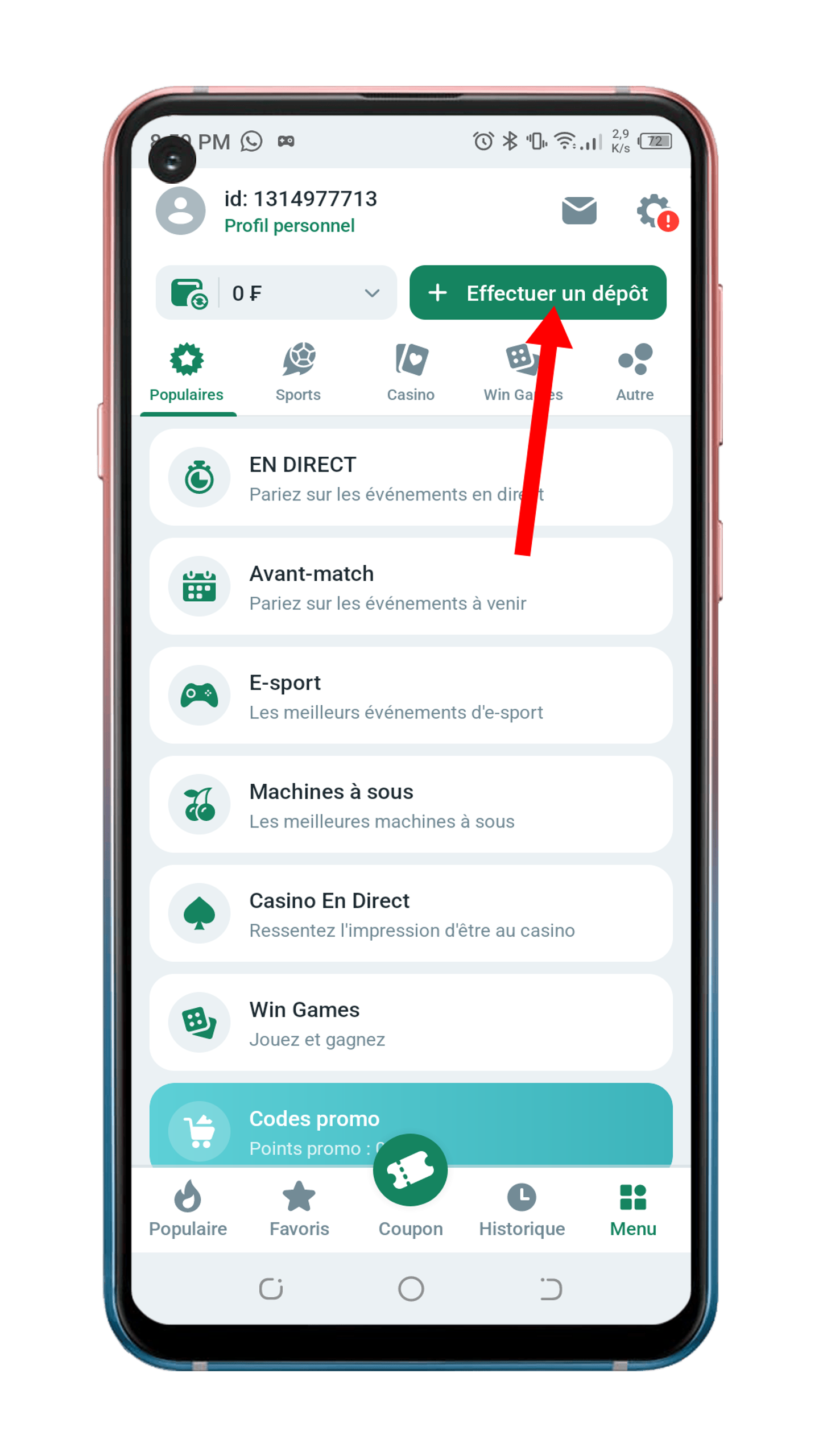 Cliquer sur “Effectuer un dépôt”