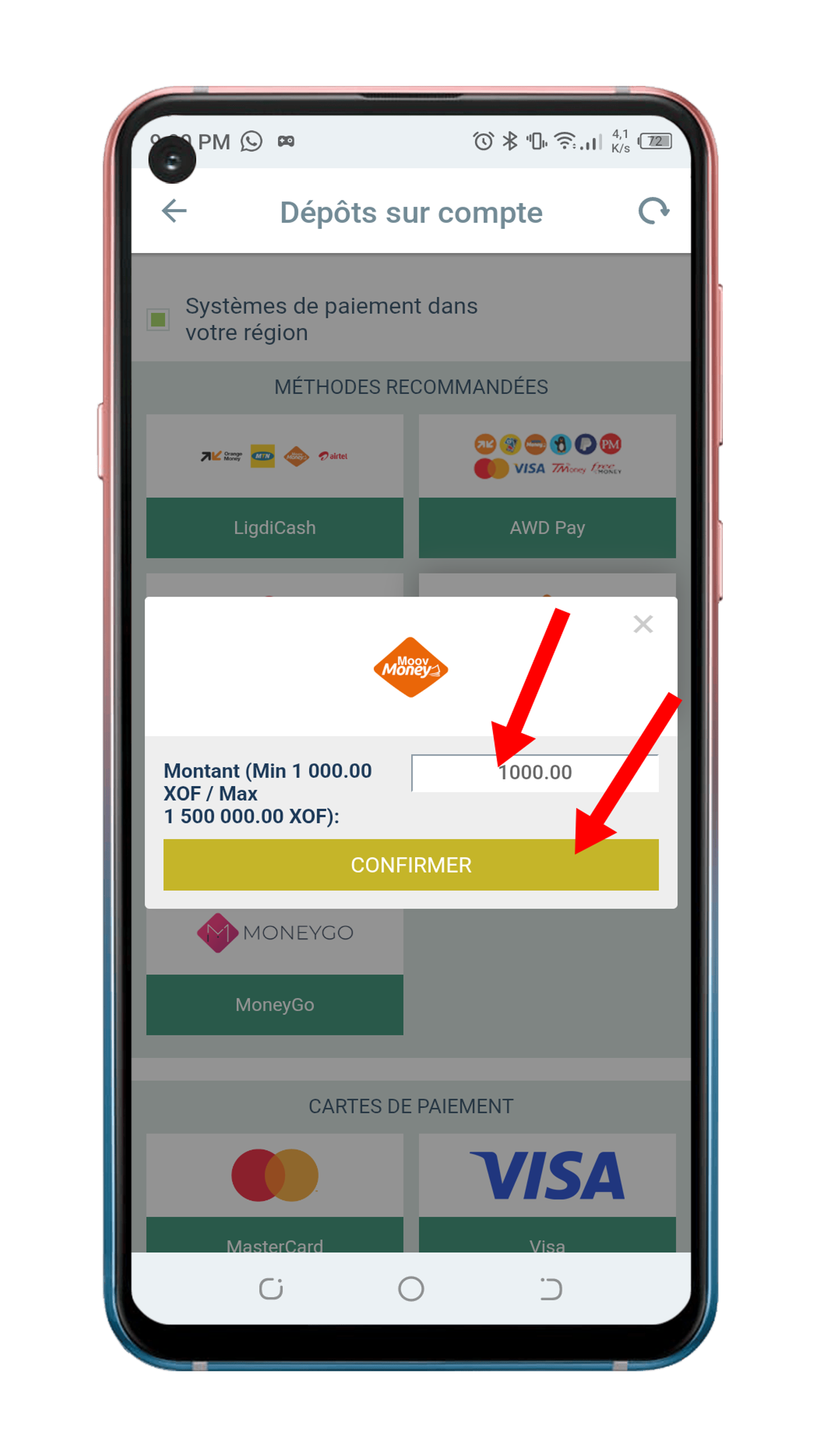 Renseigner le montant et confirmer